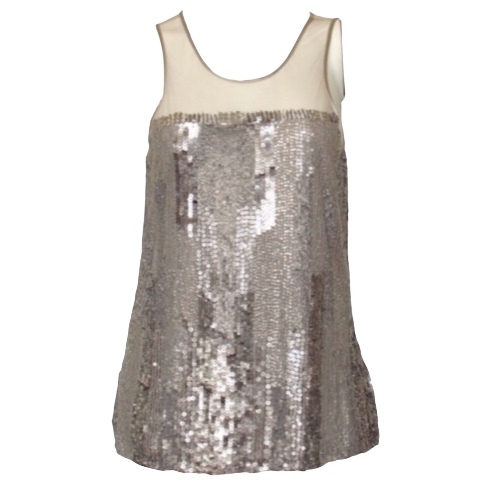 new Parker ❤︎ Sequin Sleeveless Evening Top ❤︎ Sheer Yoke Tank ❤︎ Silver Large - Picture 11 of 12